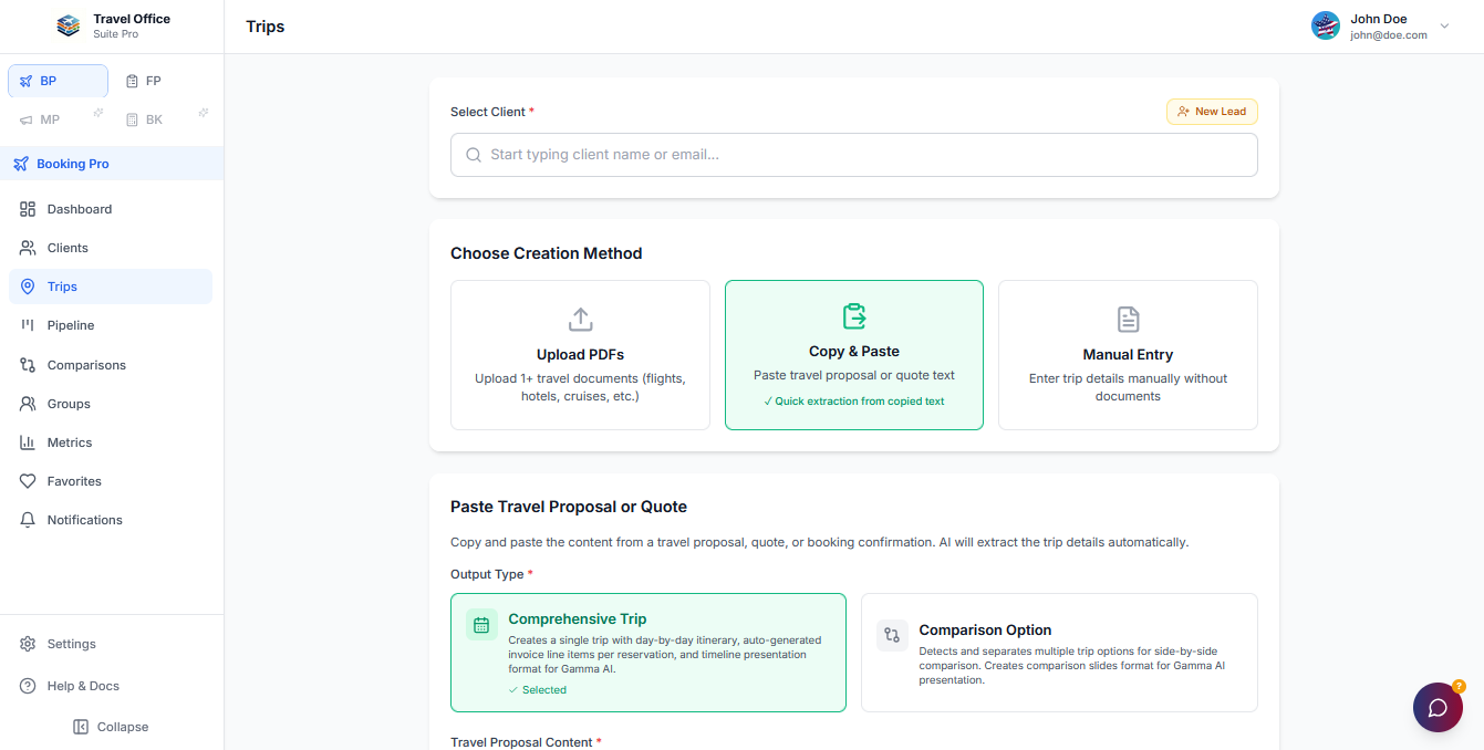 Bookings Trips page showing AI-powered trip parsing with Copy & Paste, Upload PDFs, and Manual Entry creation methods