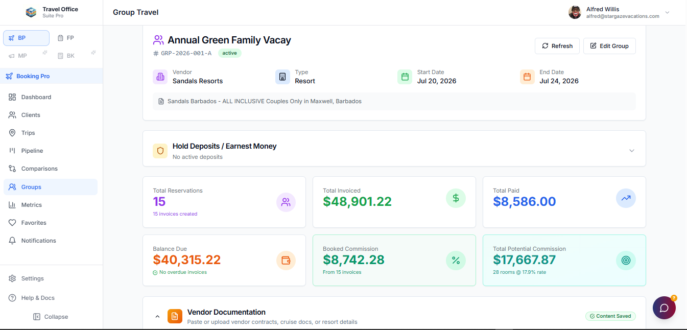 Bookings Group Travel dashboard showing the Annual Green Family Vacay with financial metrics, reservations, invoices, and commission tracking