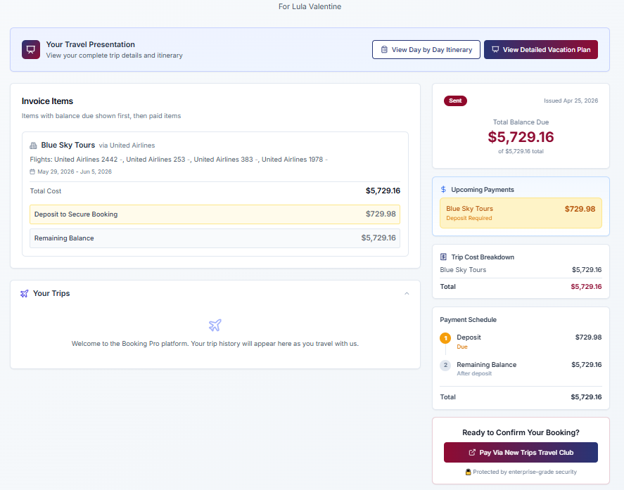 Client-facing invoice view with trip cost breakdown, payment schedule, and Pay Via external payment platform button
