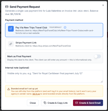 Send Payment Request dialog showing External Payment URL and Stripe Payment Link options with custom labels