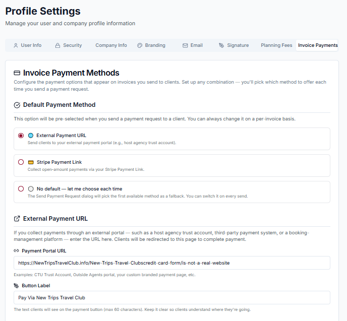 Bookings Invoice Payment Methods settings page showing External Payment URL and Stripe Payment Link configuration options